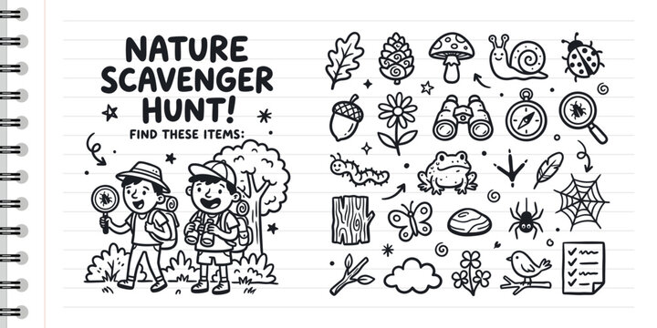 Nature scavenger hunt doodle activity for kids featuring hikers animals and forest icons