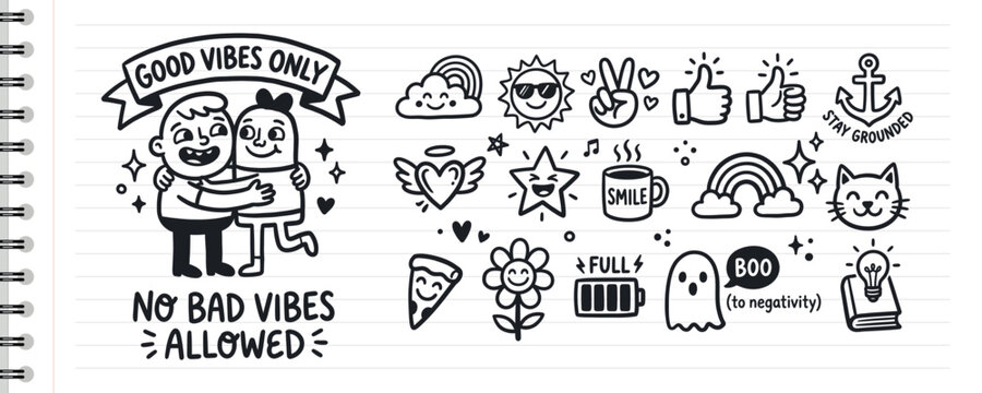 Hand Drawn Positive Doodle Icons and Characters Set on Lined Notebook Paper Background