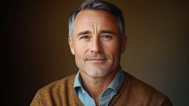 anonymous middle-aged man with square blur over face wearing light blue collared shirt and brown sweater against a warm neutral background, quiet contemplative mood