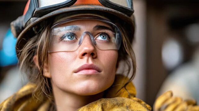Confident Construction Worker: A determined female construction worker, adorned in safety gear, gazes upwards with a look of confidence and dedication.