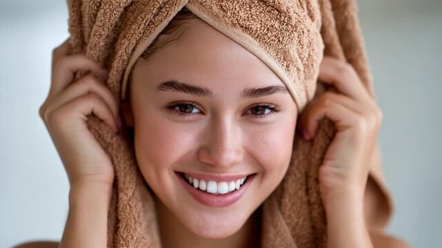 Radiant Morning: A woman with a serene expression wears a cozy towel, radiating pure bliss and contentment as she starts her day with refreshing skincare routine.