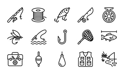 Fishing Icons Set: Rods, Reels, Lures, Tackle Box, Vest, Net, Bobbers, Hooks © Mahbubur