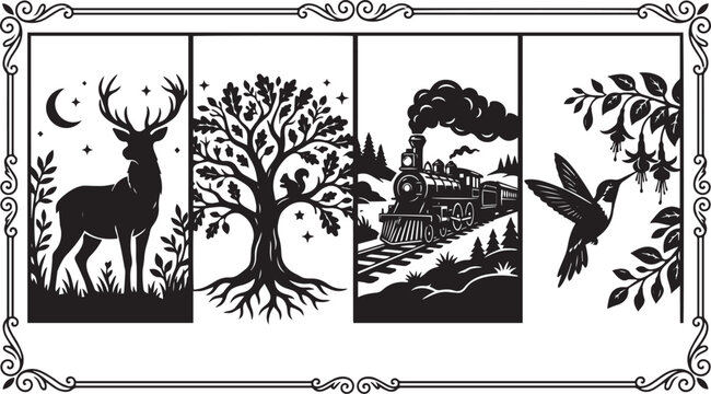 Journey and nature scenes silhouettes: deer tree train hummingbird with steam train silhouette squirrel locomotive hummingbird landscape illustration wildlife