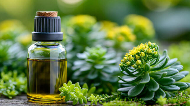 Close-up of a Rhodiola rosea liquid extract bottle in a vibrant natural setting, adaptogen supplement concept, natural energy remedy, herbal wellness product, defocused