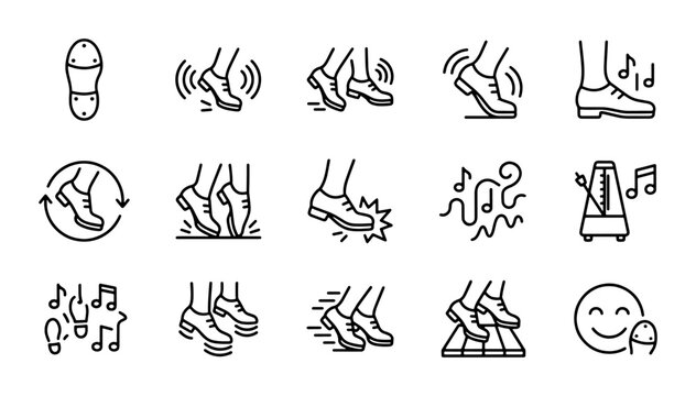 Dancing Feet Icons, Music Rhythm & Beat Vector Set: Footwork, Tempo, Groove & Joyful Expression