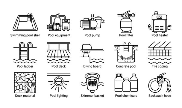Swimming Pool Equipment Icons, Pool Maintenance & Accessories Vector Set, Recreation & Leisure Graphics