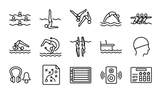 Swimming Icons Set, Aquatic Sports Vector Graphics, Water Competition Symbols, Pool Training Elements