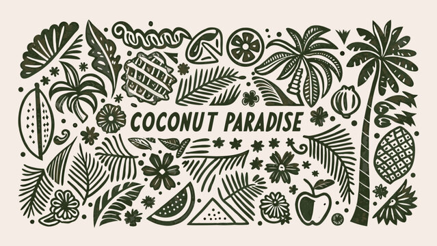 Tropical botanical illustration with coconuts palm leaves and flowers in a dark green style high quality professional detailed