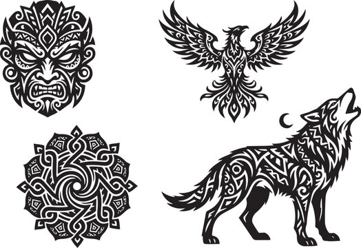 Tribal tattoo design elements: eagle wolf mask mandala with black and white spirit animal elements graphics circular mythology illustration silhouette
