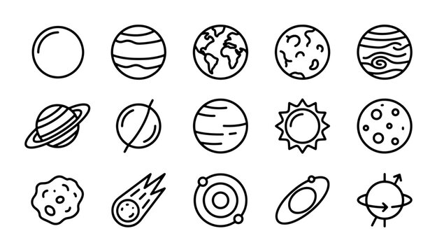 Space Icons Set, Solar System Planets, Celestial Bodies, Cosmic Elements