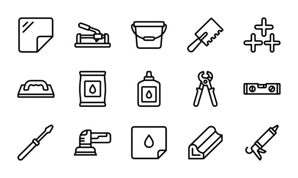 Tiling Tools Icons, Construction Equipment, DIY Supplies