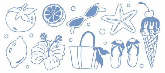 Set of summer stickers. Icons for tropical vacation. Seasonal elements collection. Fruits, tomato, sunglasses, starfish, ice cream, flower, bag, slippers, lemons, beach vacation accessories. © Sinta Alfa