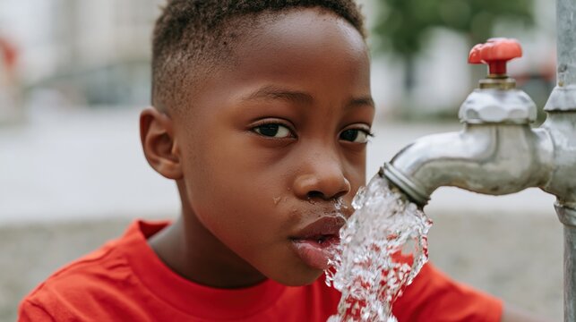 Young Black boy in red shirt drinks refreshing water from a public fountain on a warm day