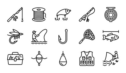 Fishing Icons Set, Angler Gear Collection, Sport Equipment Graphics © Shuvo