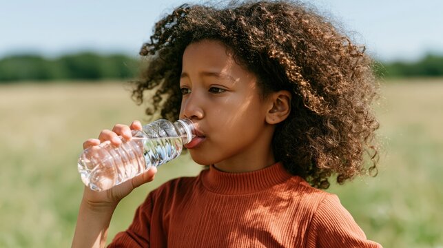 Young child with curly hair drinks water from a bottle outdoors on a sunny day
