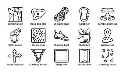Rock Climbing Icons Set: Equipment, Gear, and Wall Elements for Outdoor Adventure © Nafisa