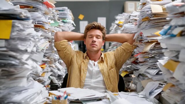 Overwhelmed: A man surrounded by a towering wall of documents in a cluttered workspace, appearing relaxed amidst the chaos. 