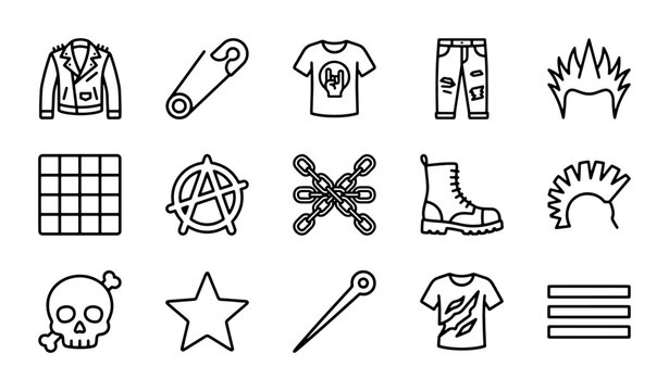Punk Rock Icons Set: Leather Jacket, Safety Pin, Mohawk, Anarchy Symbol, Skull