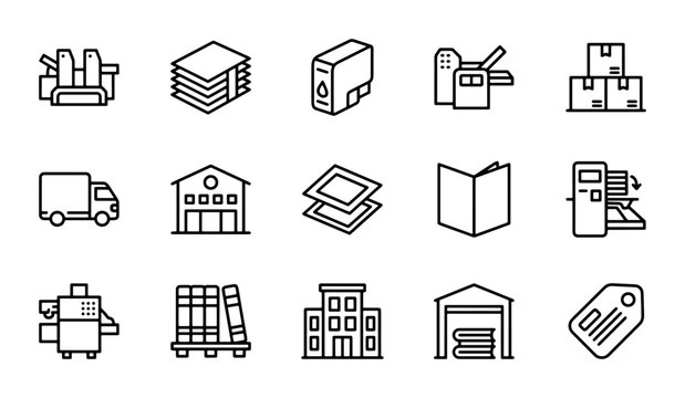 Printing Press Icons, Offset Machine, Ink Cartridge, Warehouse, Delivery Truck, Books, Tag