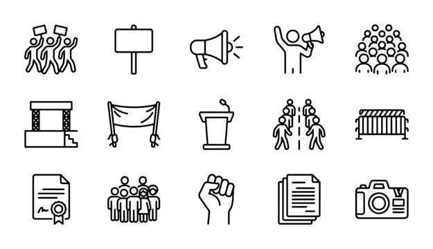 Protest Icons Set: Demonstration, Rally, Activism, Speech, Crowd, Signs, Megaphone, Banner, Fist