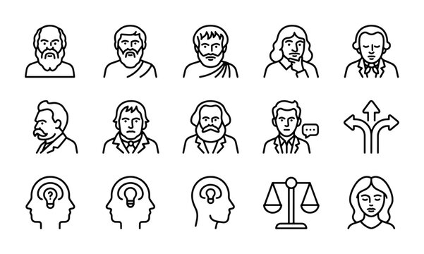Philosophy Icons Set: Thinkers, Ideas, Justice, Vector Graphics for Education & Thought Leadership