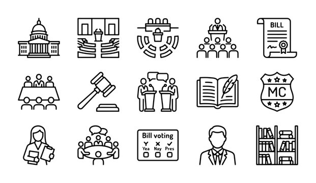 Government & Law Icons Set: Courthouse, Gavel, Bill, Voting, People, 15 Vector Elements