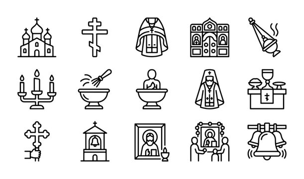 Orthodox Christian Icons Collection: Churches, Crosses, Clergy, Liturgy Elements, 15 Vector Graphics