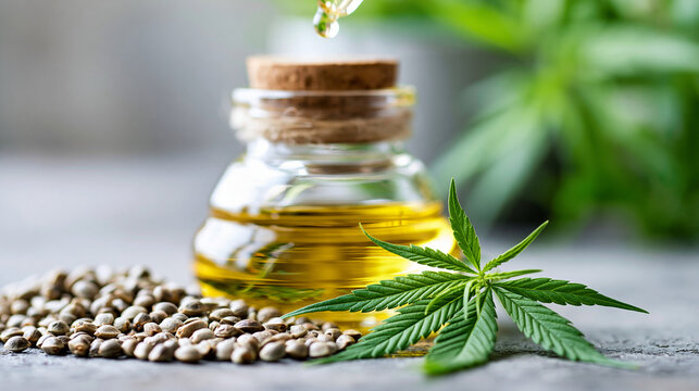 Close-up of CBD hemp oil in a bottle beside hemp seeds and cannabis leaves on a neutral background, hemp herbal medicine concept, alternative health photography, natural remedy