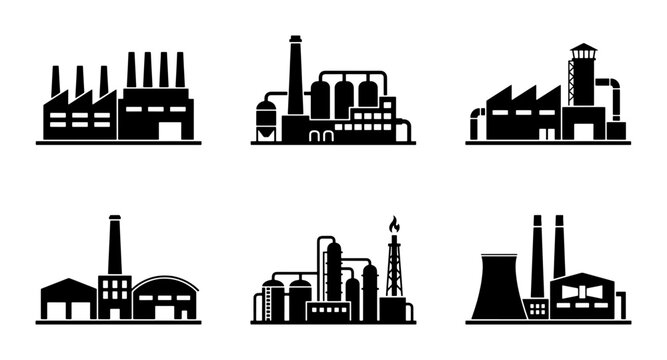 Industrial Factory Silhouettes, Manufacturing Plant Icons, Production Facility Vector Graphics