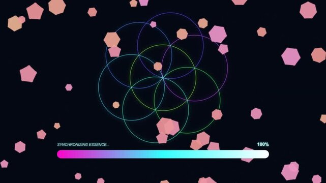 Digital loading bar with geometric pattern and floating pentagon shapes