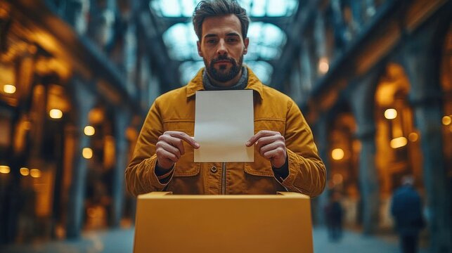 person in mustard jacket holding a blank sheet of paper above a box in an ornate indoor arcade with warm moody lighting