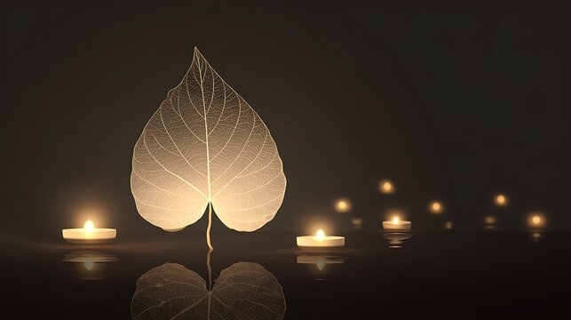 glowing bodhi leaf with lantern reflections