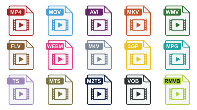 Colorful video file format icon set for software and multimedia development. MP4, MOV, AVI, MKV extensions, digital document data icon graphics.