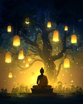 lord buddha meditating under bodhi tree with vesak lanterns
