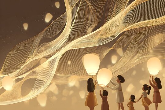 children releasing vesak lanterns into sky 