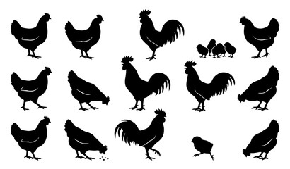 Black chicken silhouettes vector set farm poultry animal illustration © MdMasud