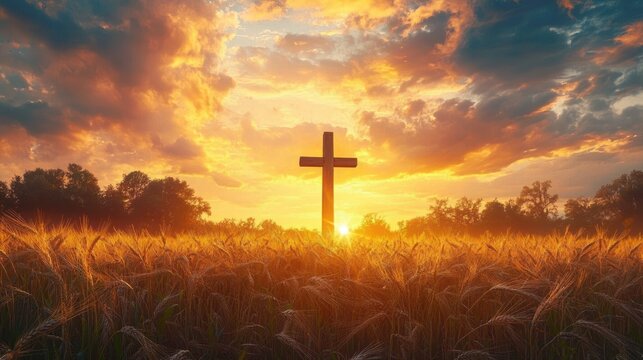 wooden cross standing in a golden wheat field at sunrise under dramatic clouds, warm light and a peaceful hopeful atmosphere