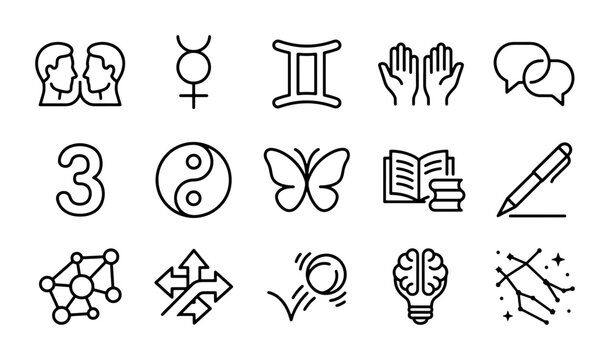 Vector Icons: Astrology, Zodiac, Symbols, Brain, Ideas, Communication, Numbers, Nature