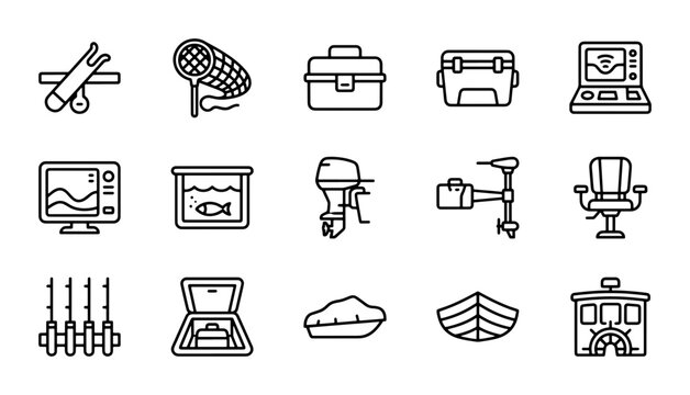 Fishing Gear Icons Set: Tackle Box, Rods, Boat Motor, Net, Fish Finder, Vessel