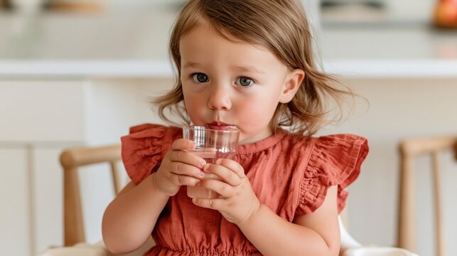 Adorable toddler girl in a coral romper drinks water from a small glass