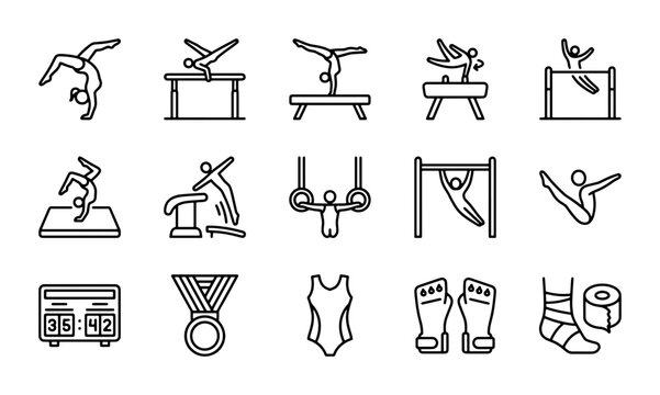 Gymnastics Icons Set, Artistic Sport Figures, Training Equipment, Vector Graphics Collection
