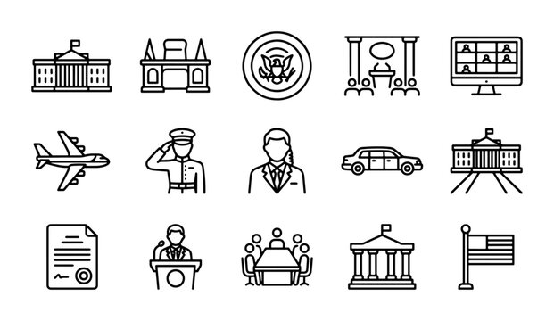 Government Icons Set: Capitol Building, Courthouse, Seal, Meeting, Justice, Politics, Law, Diplomacy
