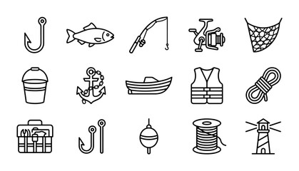 Fishing Icons Set, Vector Graphics for Outdoor Recreation, Angling Equipment Collection © Runa
