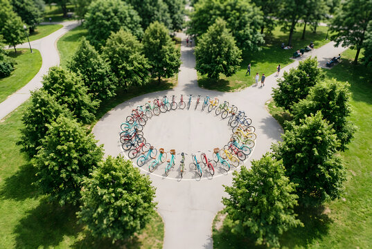 High angle view of colorful bicycles arranged in circle on park paved ground.