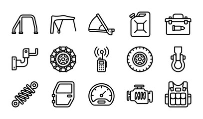 Off-road Vehicle Parts Icons, Automotive Accessories Set, 4x4 Gear Vector Graphics © Sadia