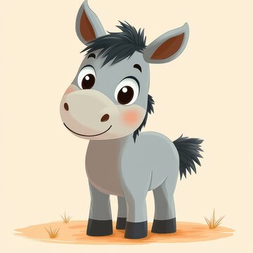 cheerful gray cartoon donkey foal with big brown eyes, blushing cheeks, tufted mane and tail, black hooves, standing on a small sandy patch with grass and smiling playfully