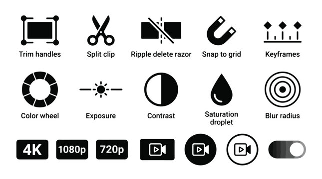 Video editing software icon set for post production and film creation, black and white UI elements for trim, split, keyframes, and color grading.