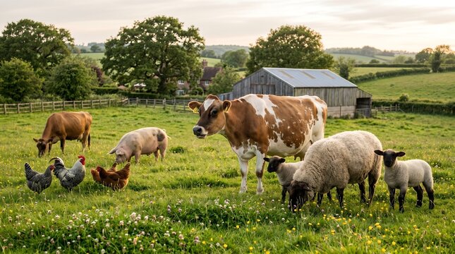 Various farm animals grazing peacefully in a lush green pasture with a barn and trees in the background under a soft sky.