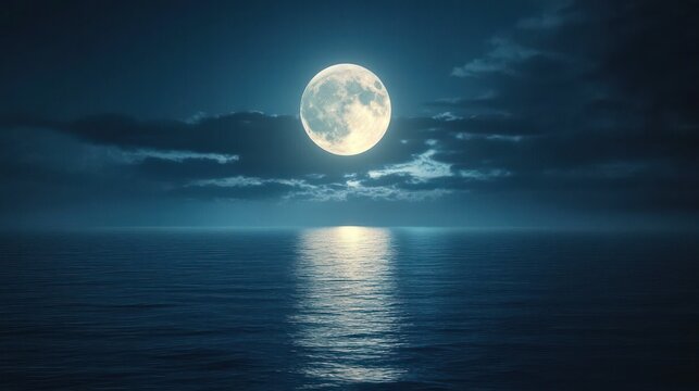 Full moon glowing over a calm ocean with silvery moonlight reflecting on gentle waves beneath low clouds, a tranquil and peaceful night
