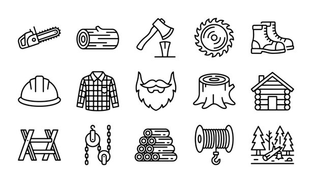Lumberjack Icons Set: Chainsaw, Axe, Logs, Forest, Woodcutting Tools, Vector Graphics